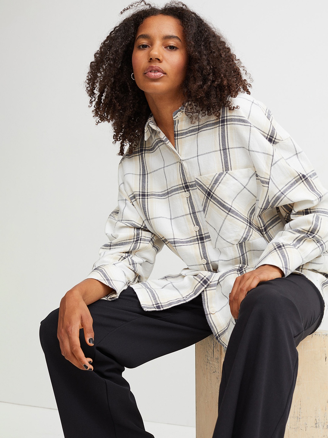 H&M Women Beige Checked Oversized Flannel Shirt