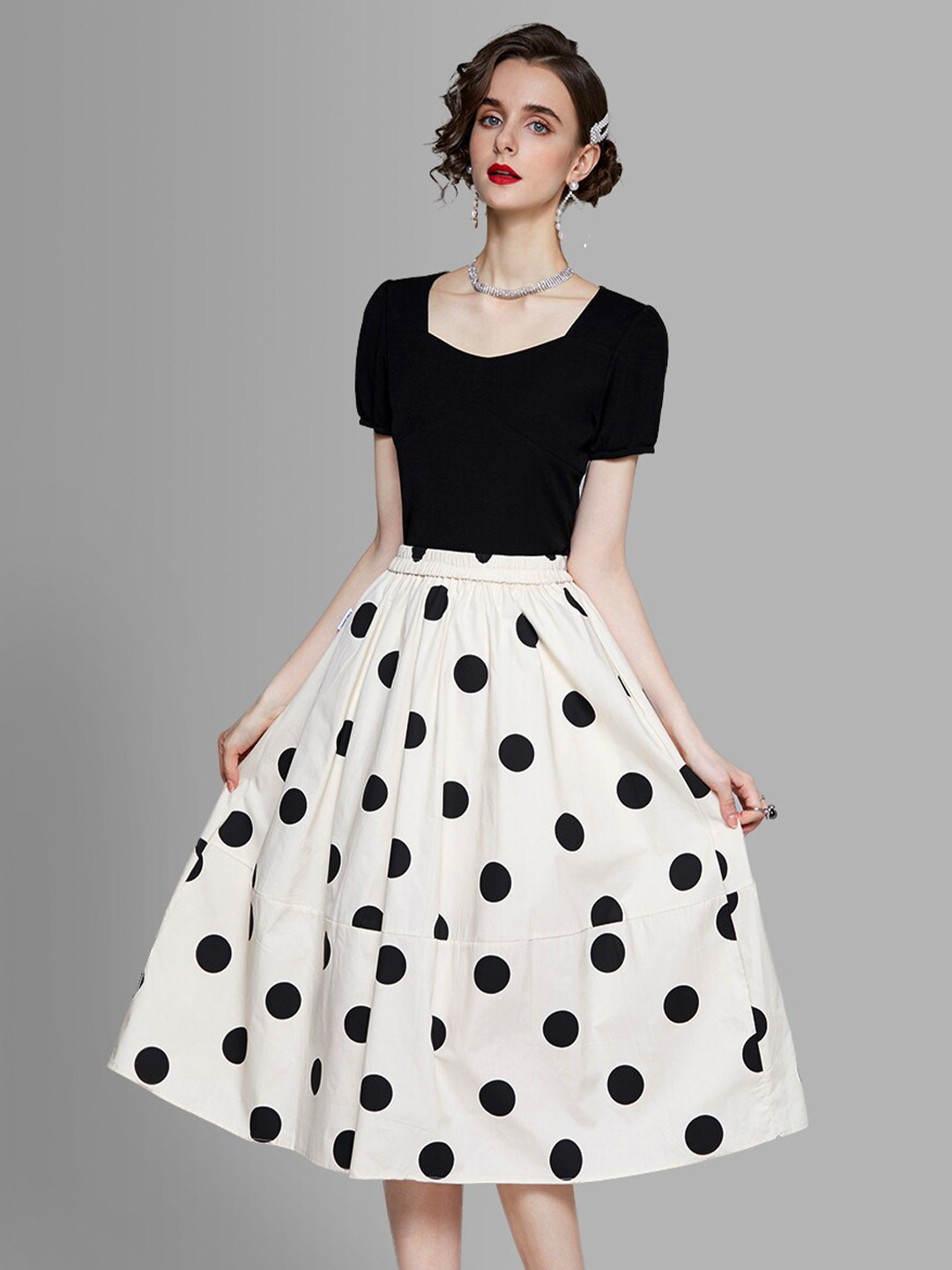 JC Collection Women White & Black Polka Dots Printed Top with Skirt Co-Ords Set
JC Collection Women White & Black Polka Dots Printed Top with Skirt Co-Ords Set
