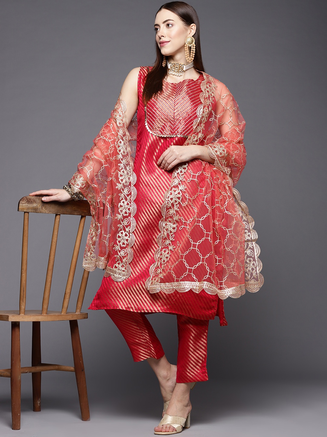 KSUT Women Red & Golden Yoke Design Gotta Patti Kurta with Trousers & With Dupatta
KSUT Women Red & Golden Yoke Design Gotta Patti Kurta with Trousers & With Dupatta