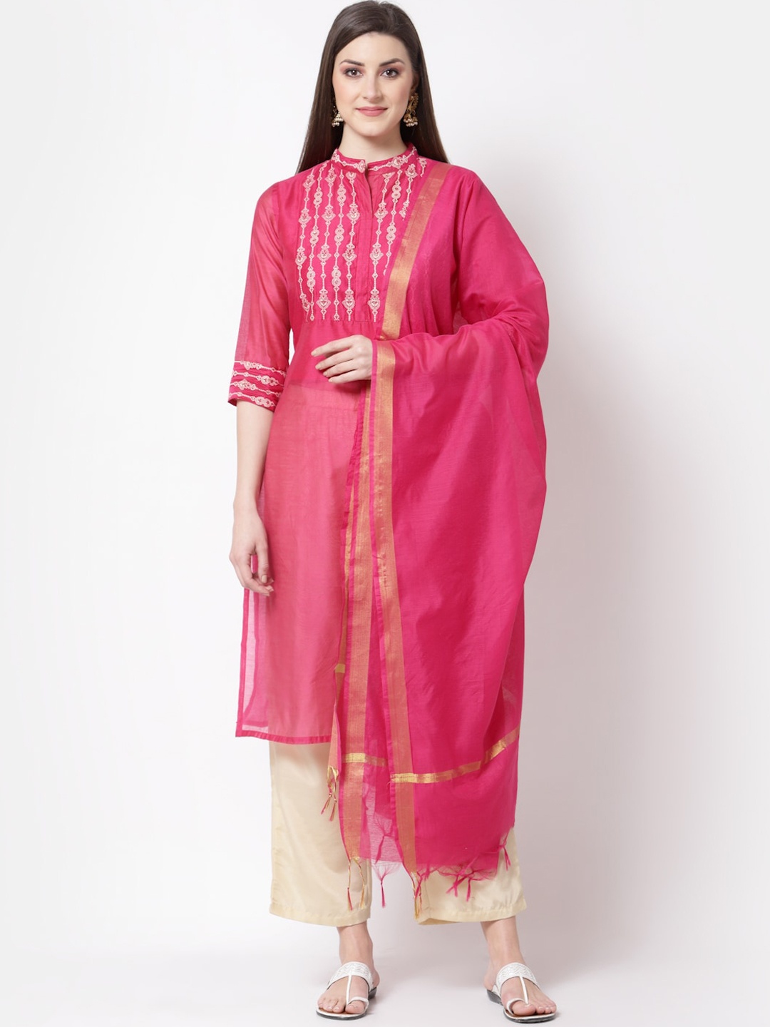 Myshka Women Pink Ethnic Motifs Yoke Design Chanderi Silk Kurta with Trousers & With Dupatta
Myshka Women Pink Ethnic Motifs Yoke Design Chanderi Silk Kurta with Trousers & With Dupatta