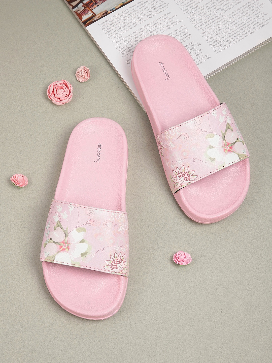 DressBerry Women Pink & White Floral Print Sliders