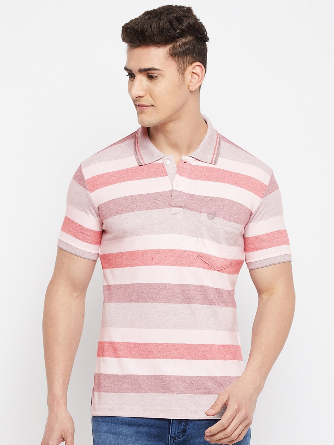 Duke Men Maroon & Off-White Striped Polo Collar T-shirt