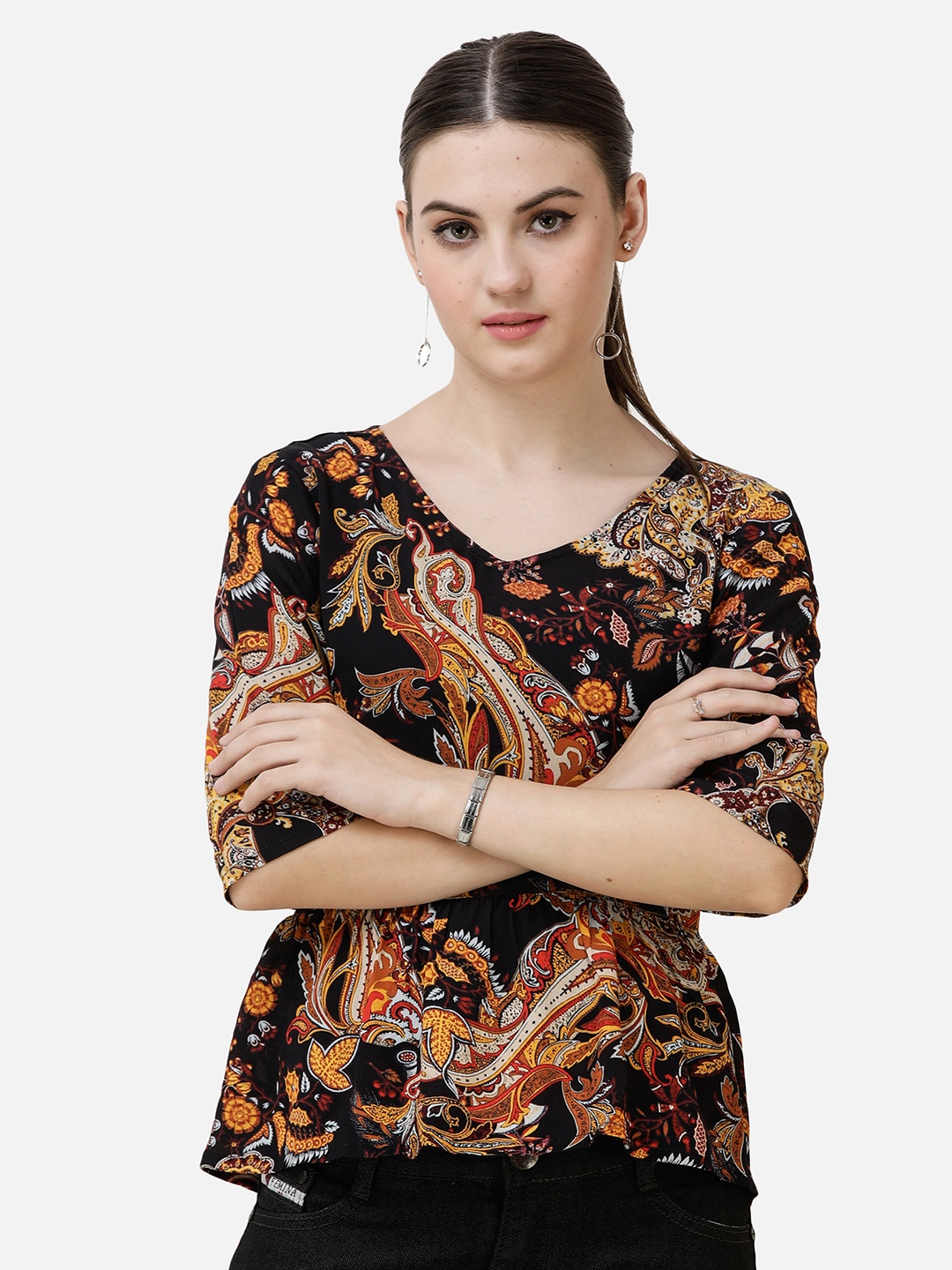 DECHEN Women Black Printed Peplum Top