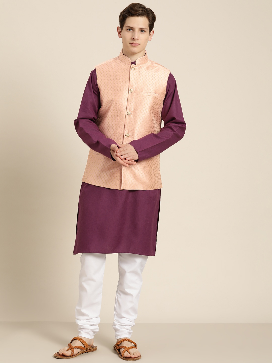 SOJANYA Men Aubergine Solid Cotton Straight Kurta Churidar & Woven Design Nehru Jacket, Purple
SOJANYA Men Aubergine Solid Cotton Straight Kurta Churidar & Woven Design Nehru Jacket, Purple