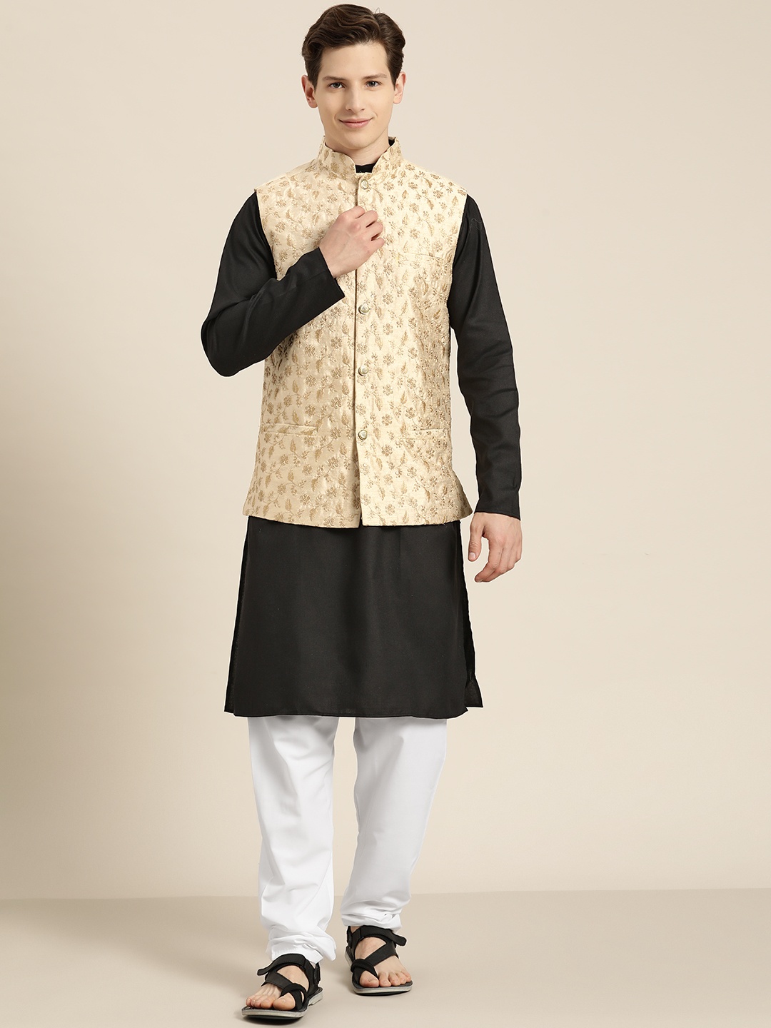 SOJANYA Men Black Solid Cotton Straight Kurta Churidar & Woven Design Nehru Jacket
SOJANYA Men Black Solid Cotton Straight Kurta Churidar & Woven Design Nehru Jacket