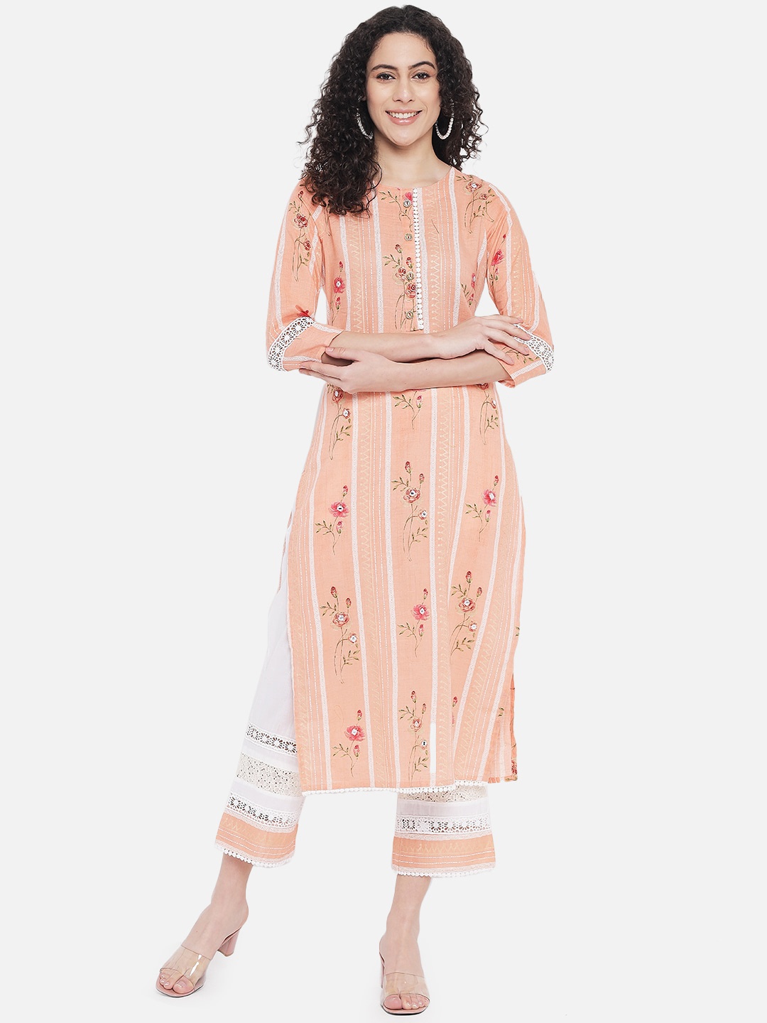 Nehamta Women Peach-Coloured Floral Printed Kurta with Trousers