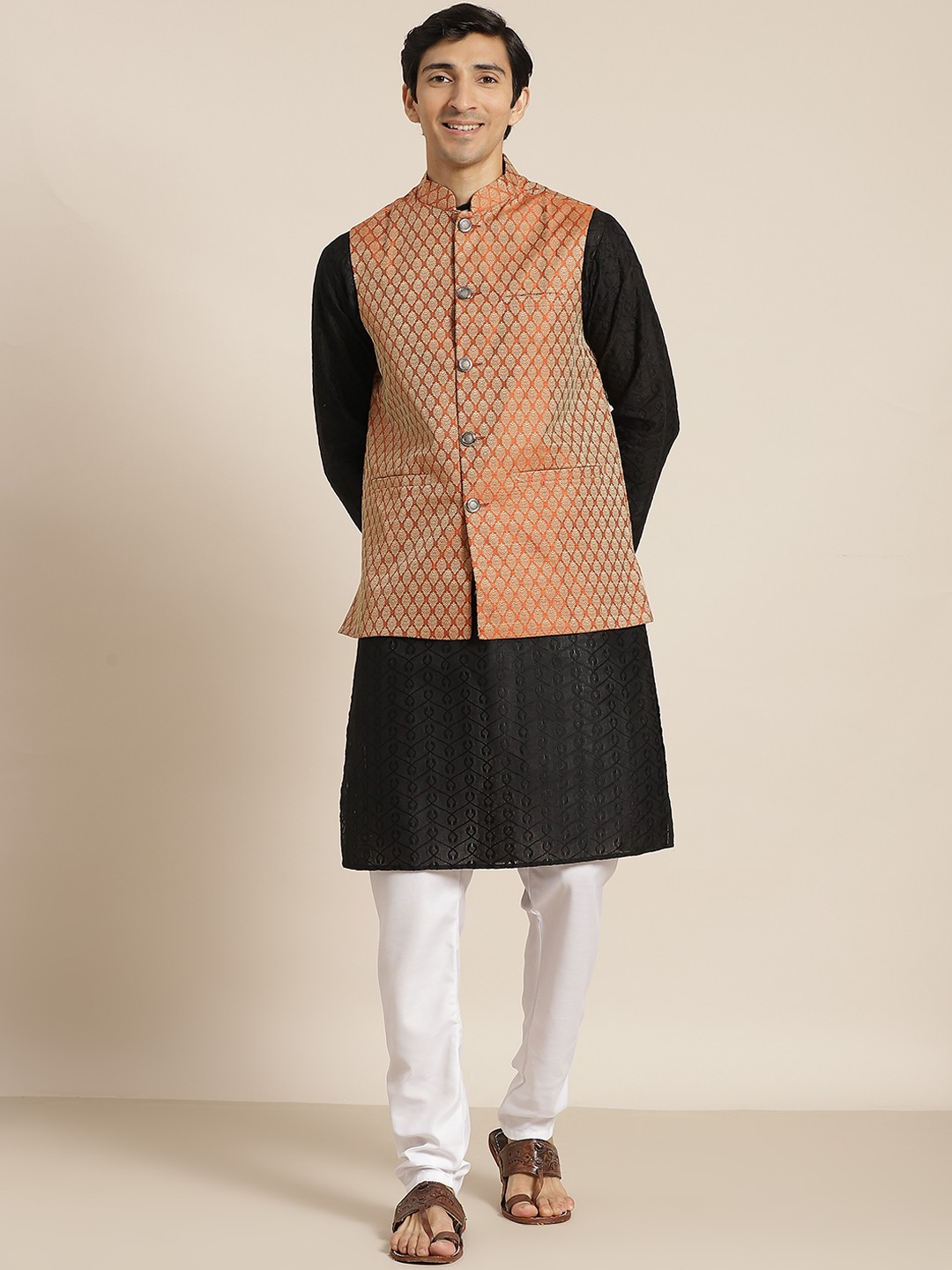 SOJANYA Men Black Ethnic Motifs Chikankari Pure Cotton Kurta with Churidar & Nehru Jacket
SOJANYA Men Black Ethnic Motifs Chikankari Pure Cotton Kurta with Churidar & Nehru Jacket