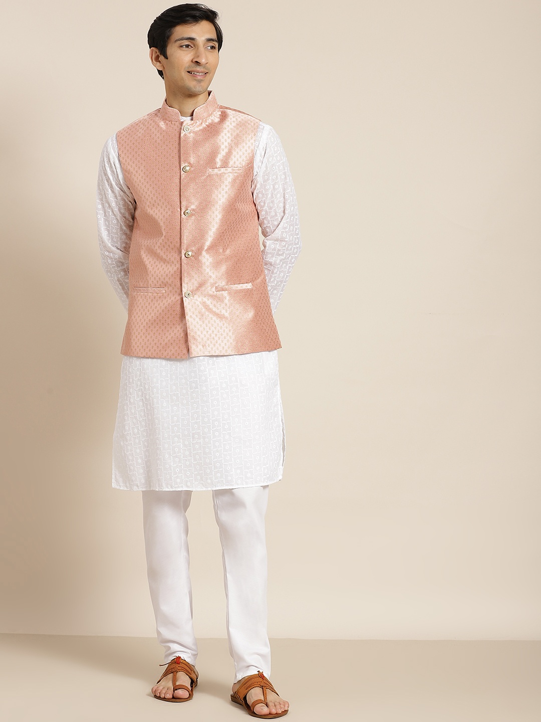 SOJANYA Men White Ethnic Motifs Chikankari Pure Cotton Kurta with Churidar & Nehru Jacket
SOJANYA Men White Ethnic Motifs Chikankari Pure Cotton Kurta with Churidar & Nehru Jacket