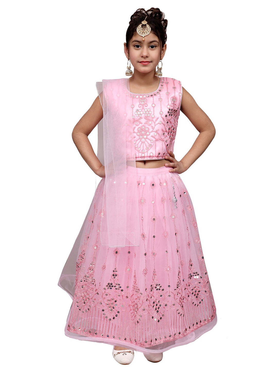SKY HEIGHTS Girls Pink & Silver Embellished Ready to Wear Lehenga & Choli With Dupatta
