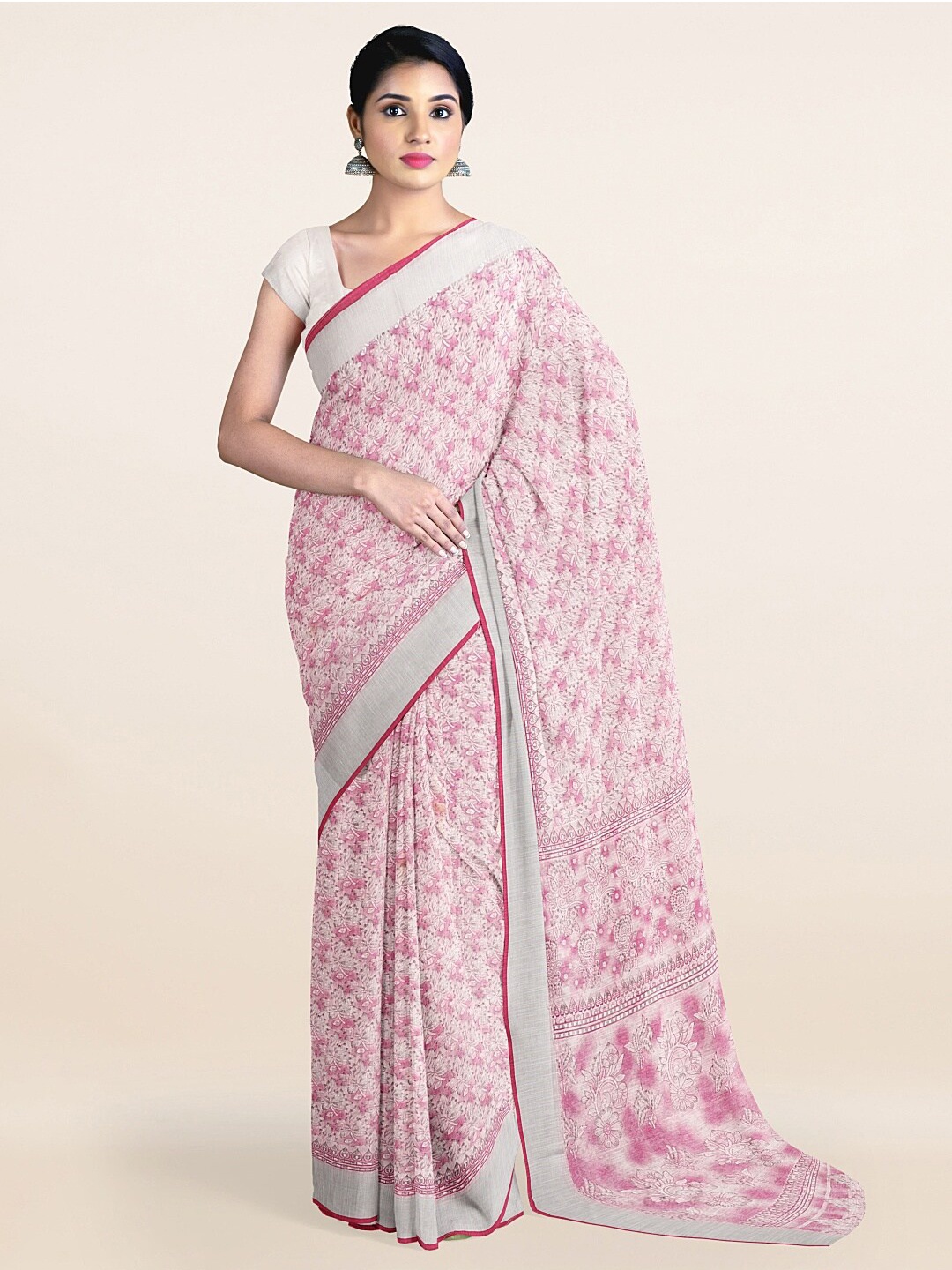 Pothys Pink & Grey Floral Printed Saree
