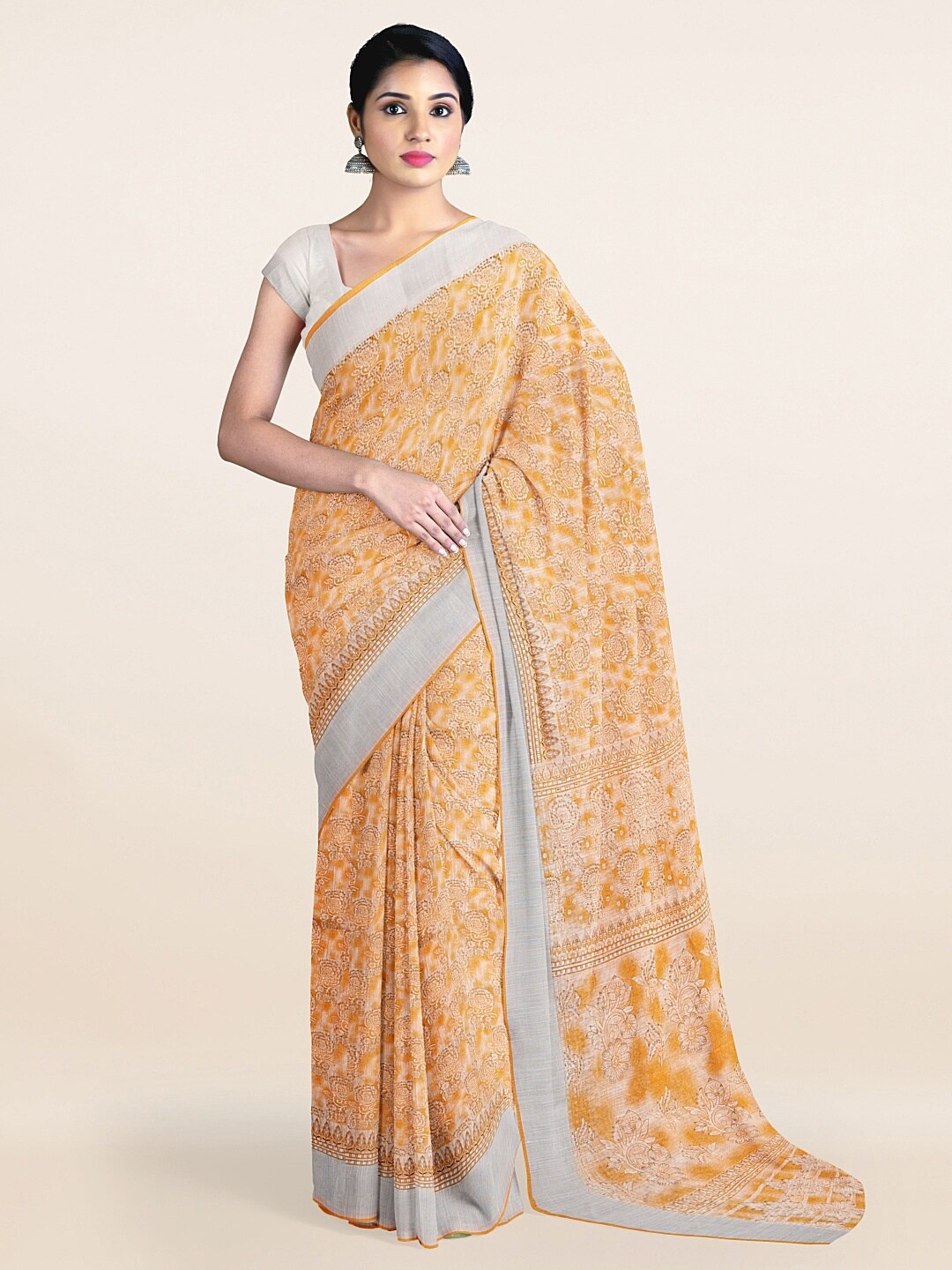 Pothys Yellow Ethnic Motifs Printed Saree