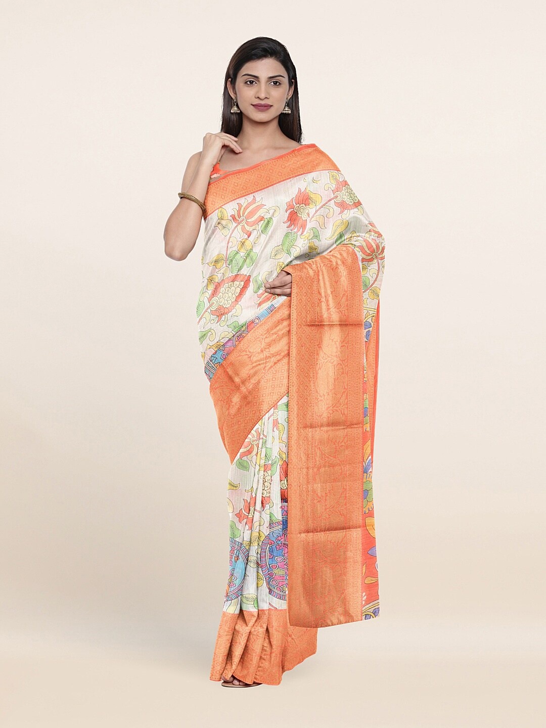 Pothys Off-White & Orange Floral Printed Zari Pure Cotton Saree