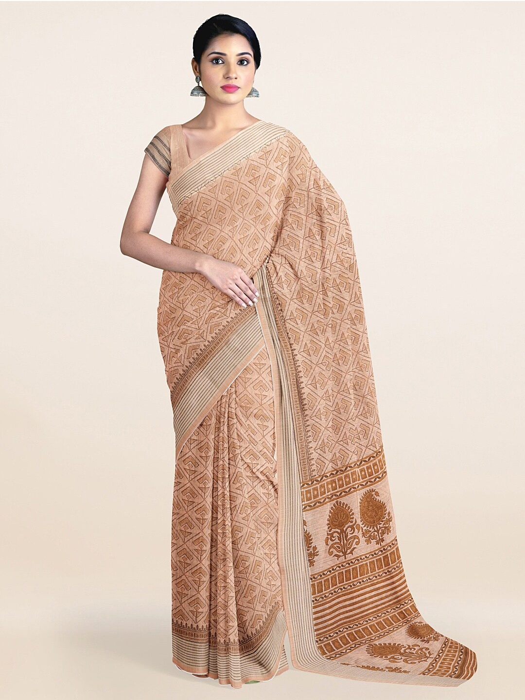 Pothys Beige & Silver Ethnic Motifs Zari Saree