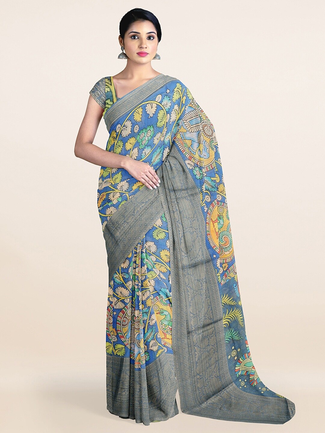 Pothys Blue & Green Ethnic Motifs Zari Pure Cotton Saree