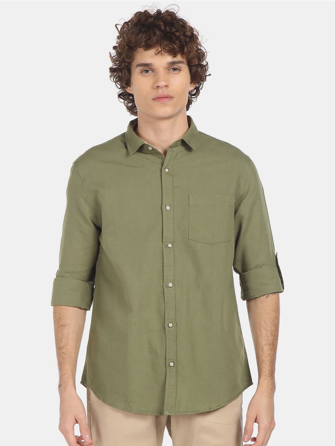 Cherokee Men Green Solid Pure Cotton Casual Shirt