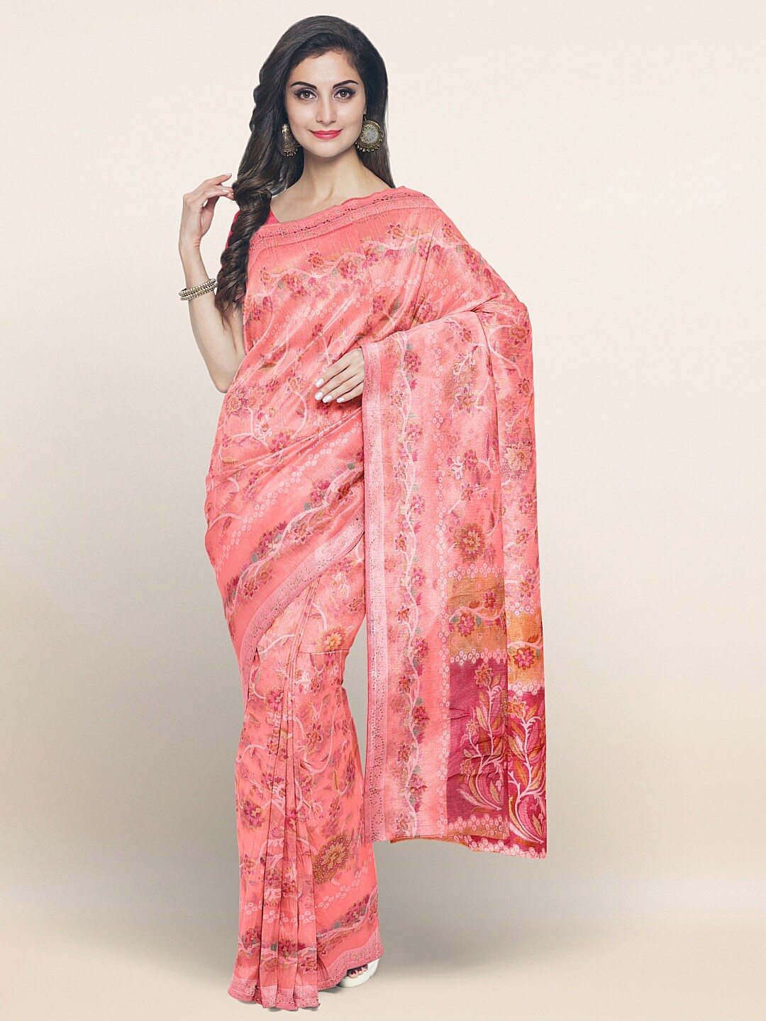 Pothys Pink Floral Pure Chiffon Saree