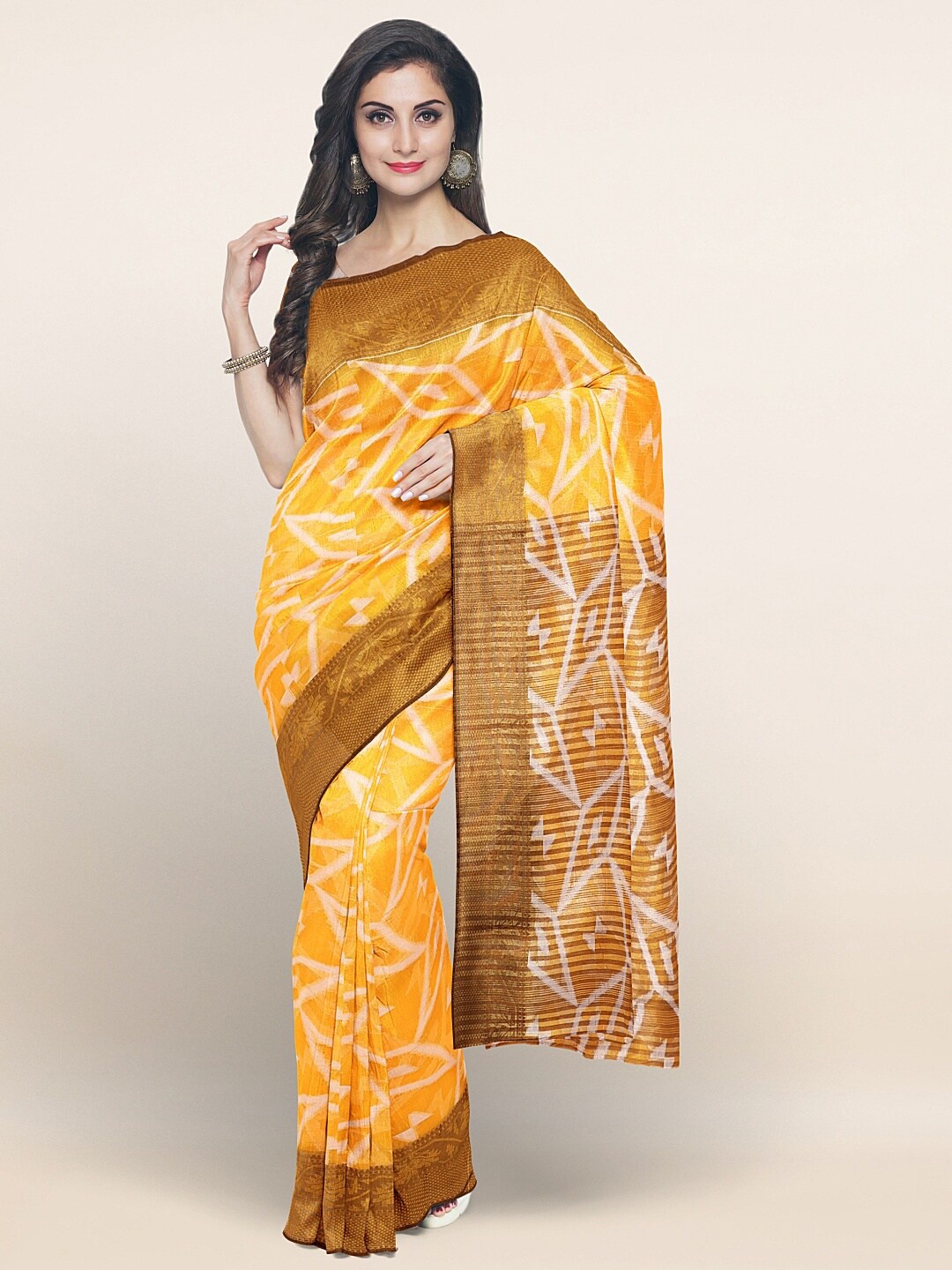 Pothys Yellow & Brown Geometric Saree