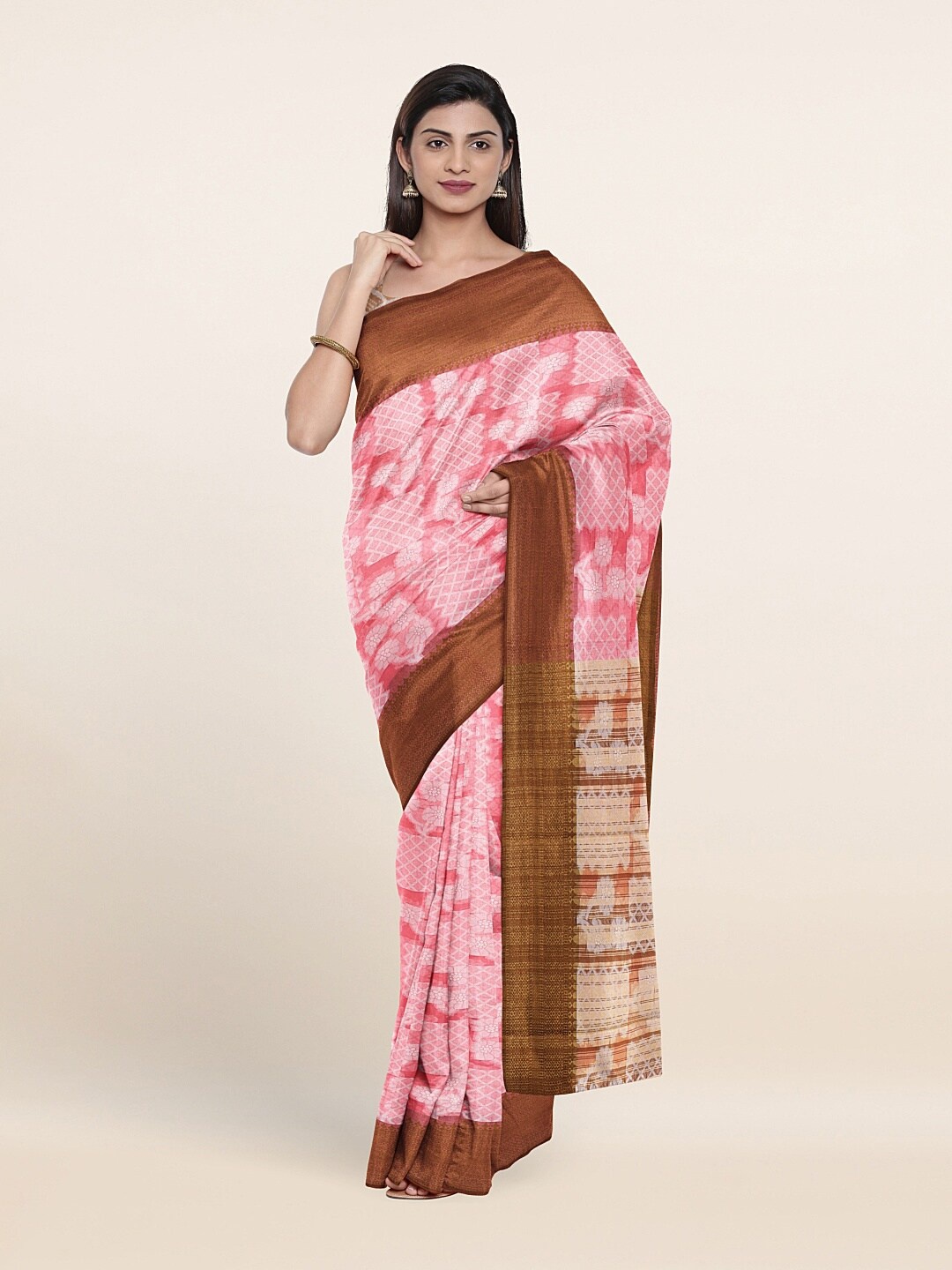 Pothys Pink & Brown Ethnic Motifs Saree