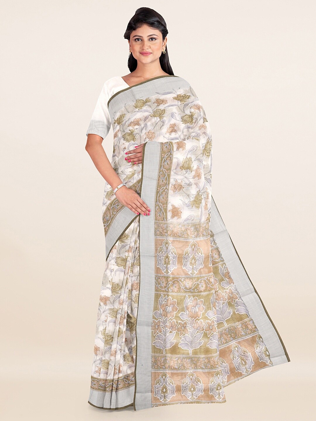 Pothys Off White & Gold-Toned Floral Saree