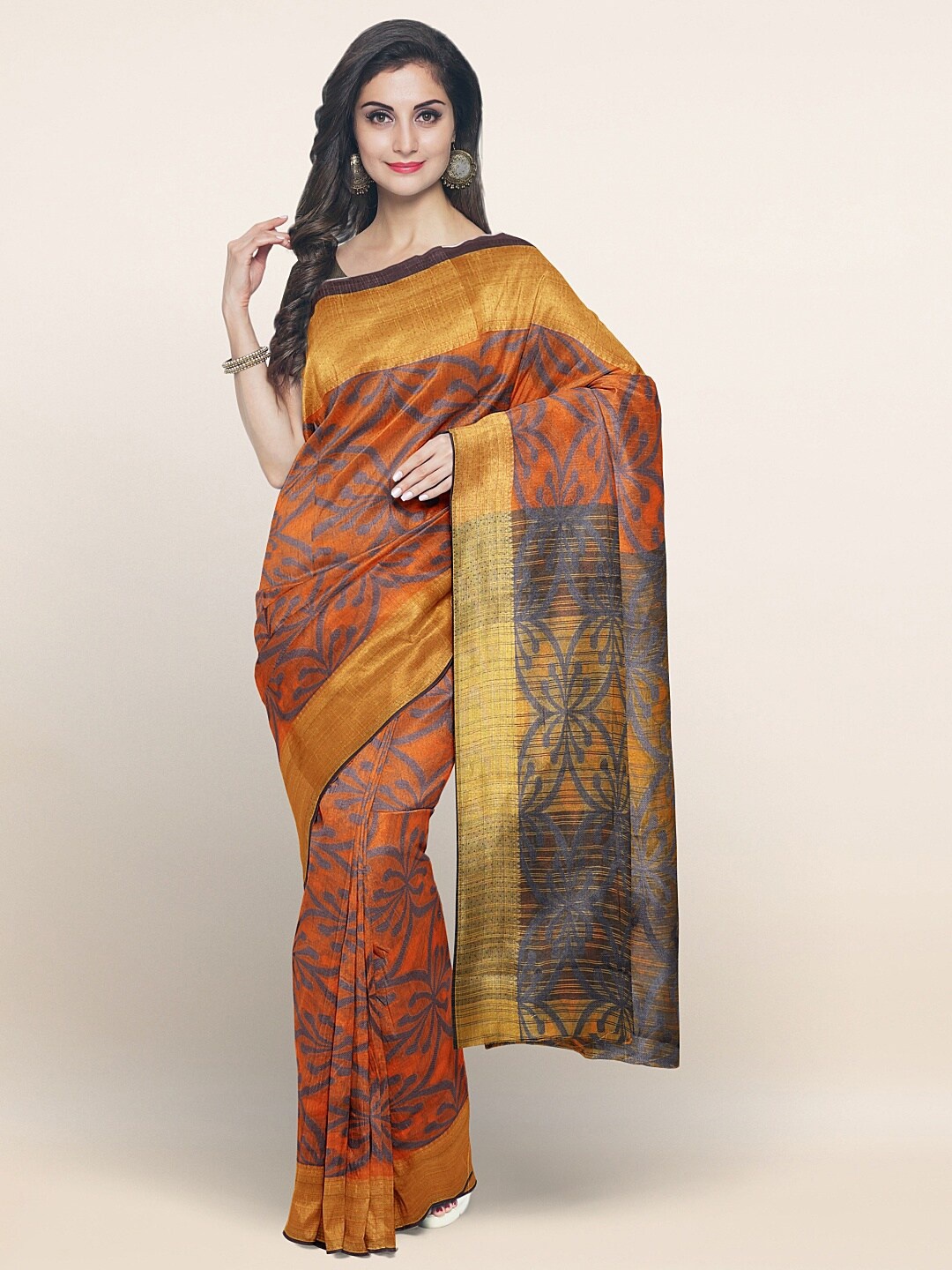 Pothys Orange & Grey Floral Saree
