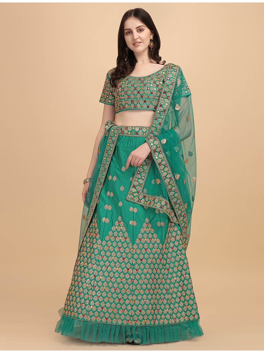 Amrutam Fab Green & Gold-Toned Embroidered Thread Work Semi-Stitched Lehenga & Unstitched Blouse With
Amrutam Fab Green & Gold-Toned Embroidered Thread Work Semi-Stitched Lehenga & Unstitched Blouse With