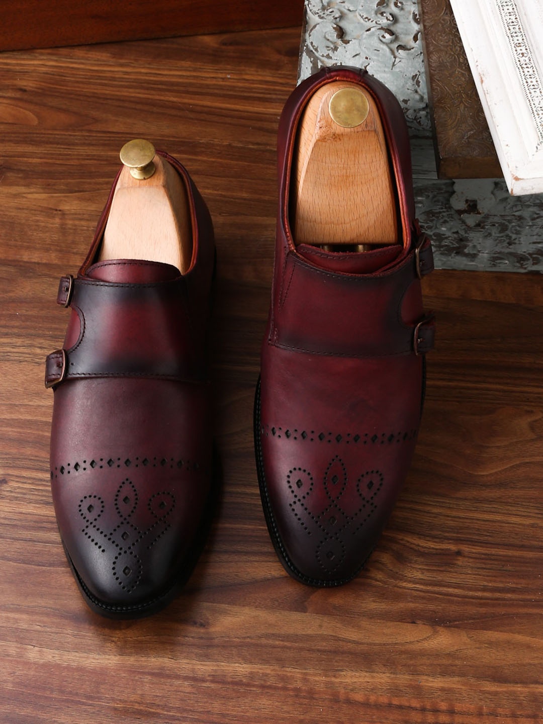LOUIS STITCH Men Brown Genuine Leather Textured Formal Monks