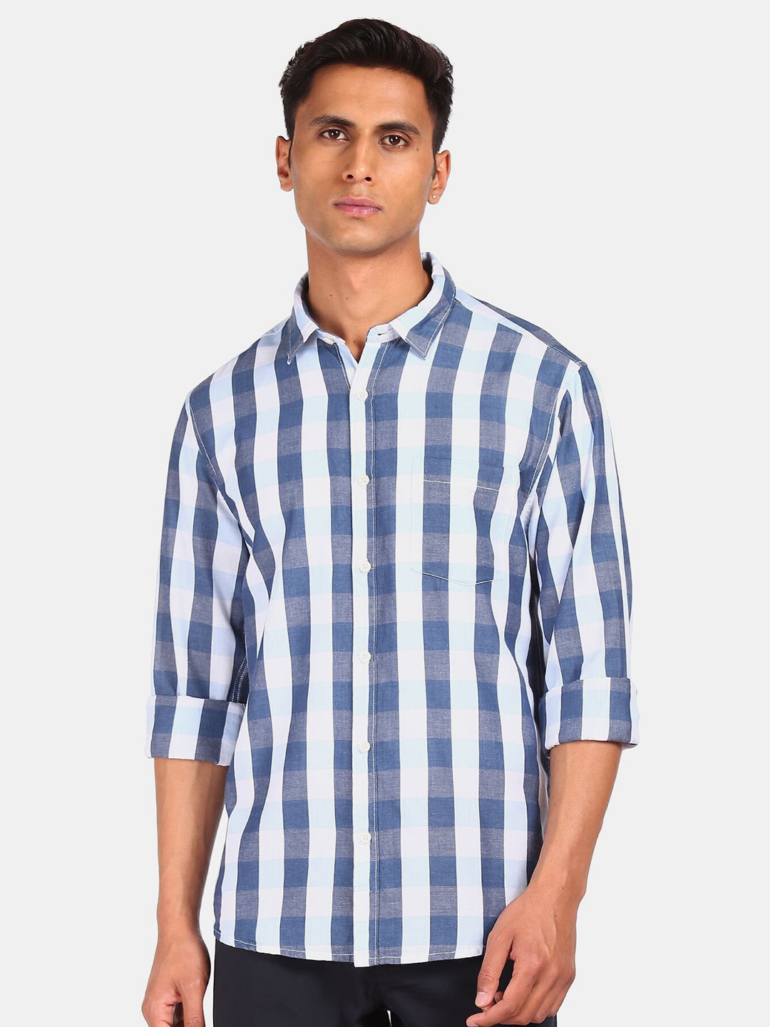 Ruggers Men Blue & White Checked Cotton Casual Shirt