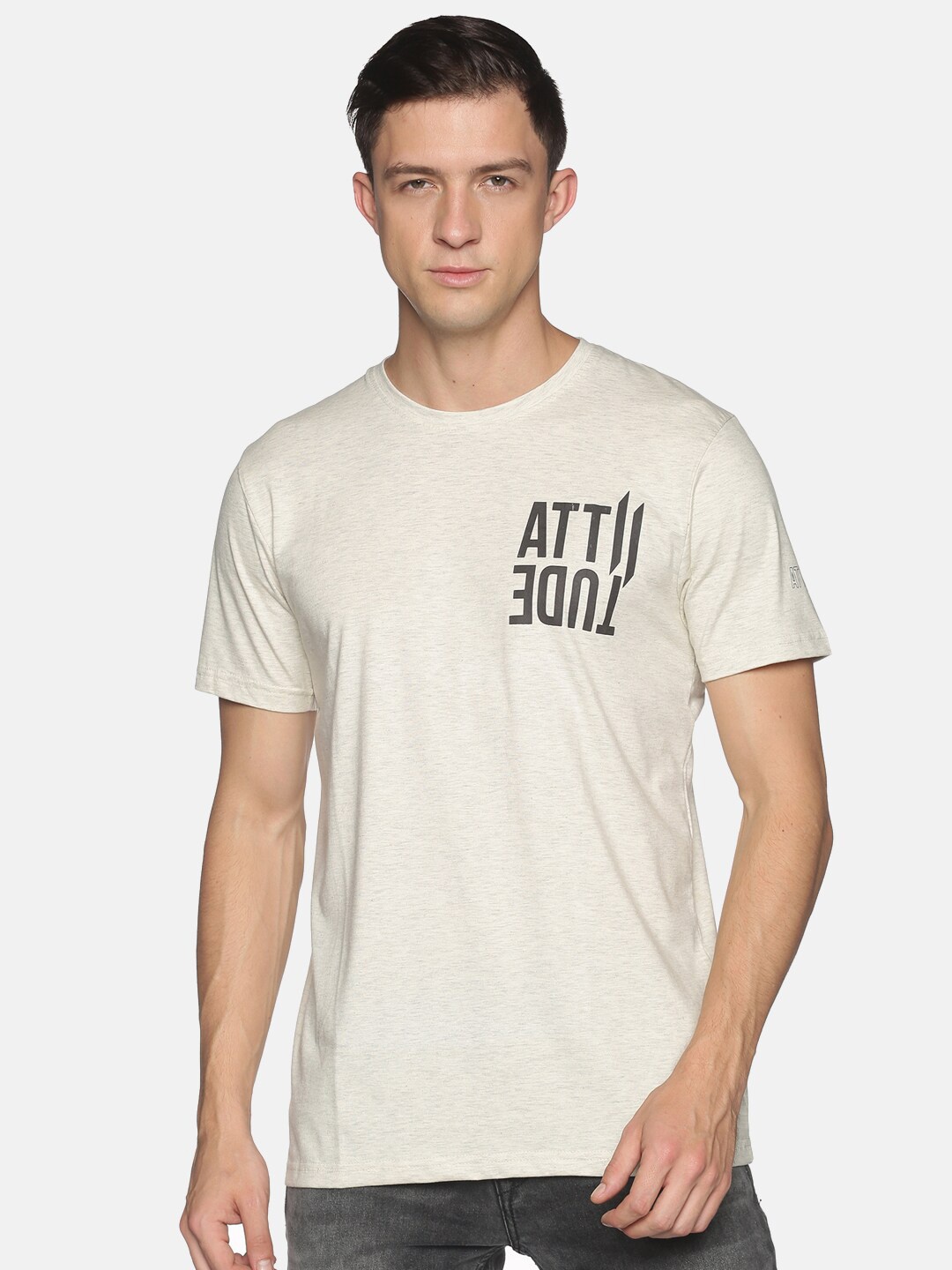 ATTIITUDE Men Off White Typography Printed Dri-FIT Slim Fit T-shirt