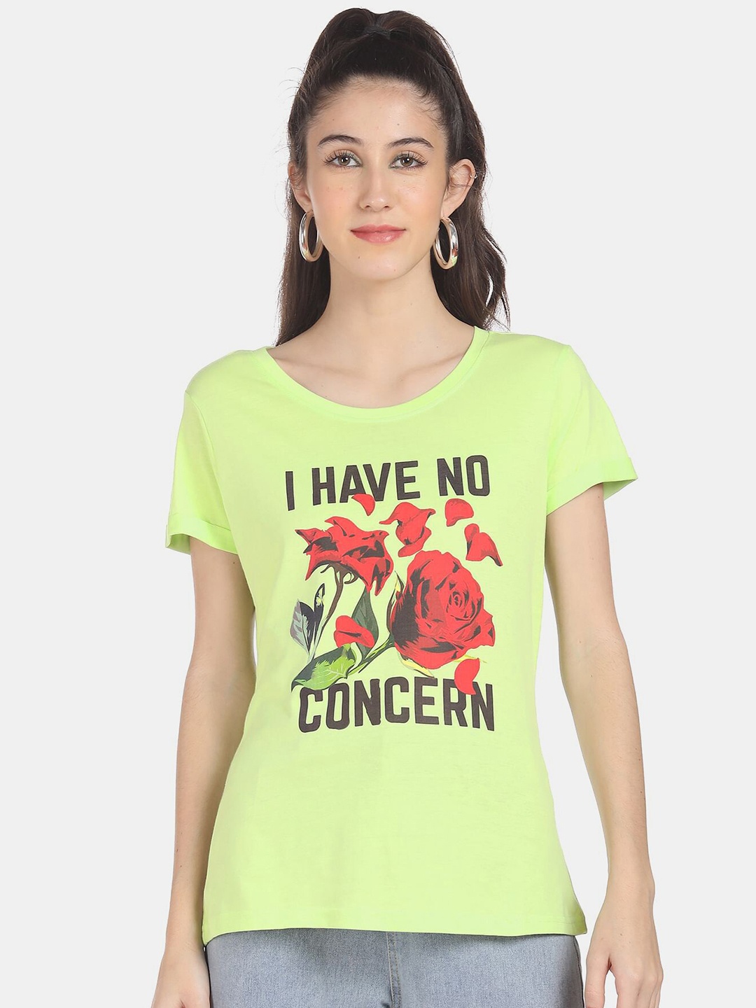 Sugr Women Green Printed Cotton T-shirt