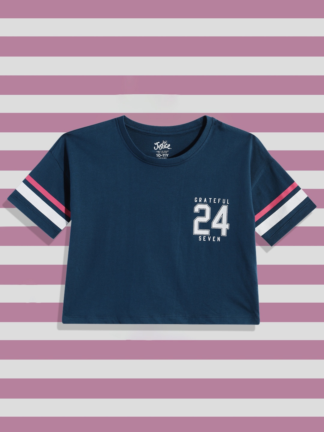JUSTICE Girls Navy Blue Alphanumeric Print Drop-Shoulder Sleeves Pure Cotton Crop T-shirt
JUSTICE Girls Navy Blue Alphanumeric Print Drop-Shoulder Sleeves Pure Cotton Crop T-shirt