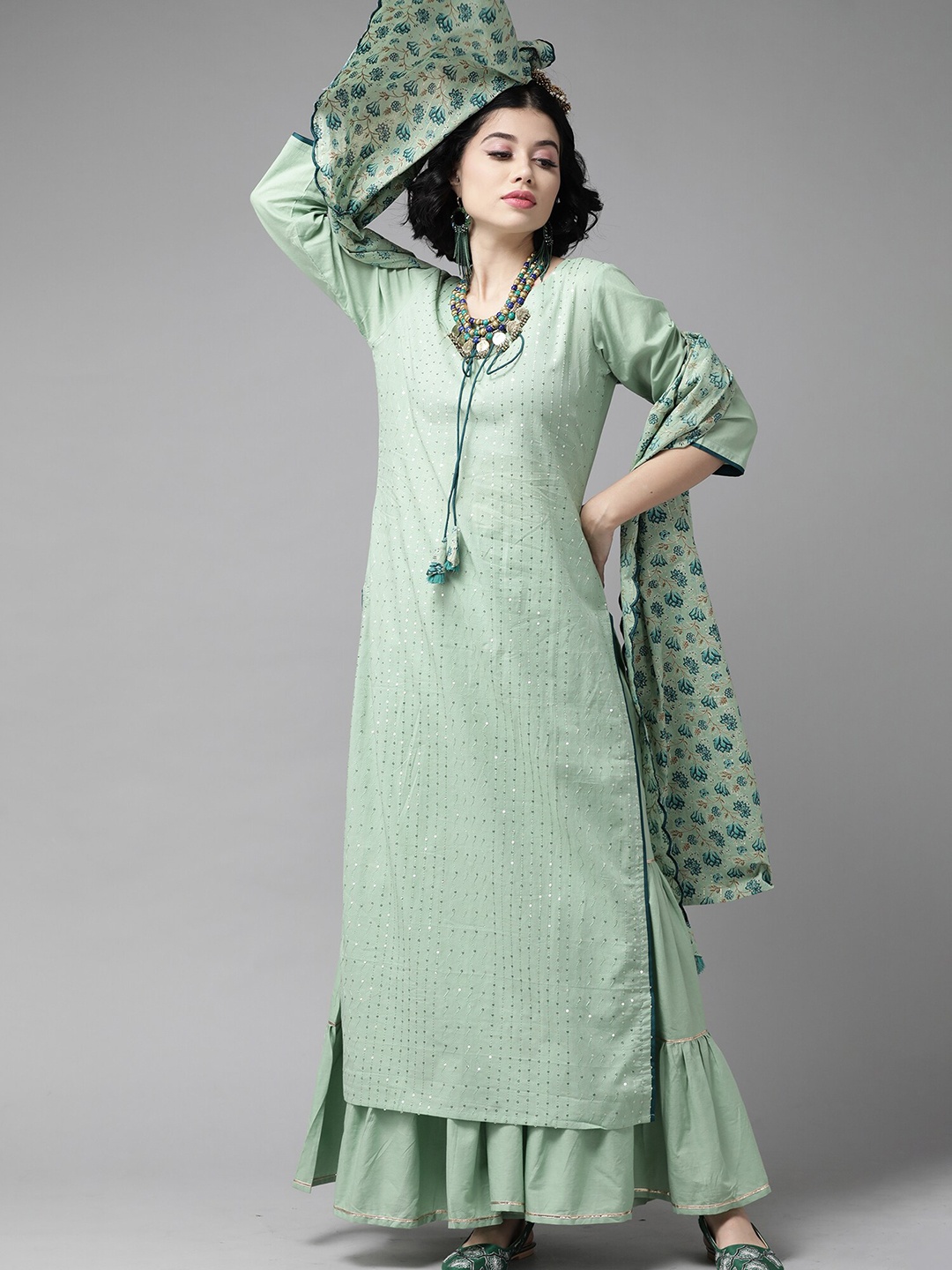 Indo Era Women Sea Green Embroidered Sequinned Pure Cotton Kurta with Sharara & Dupatta
Indo Era Women Sea Green Embroidered Sequinned Pure Cotton Kurta with Sharara & Dupatta