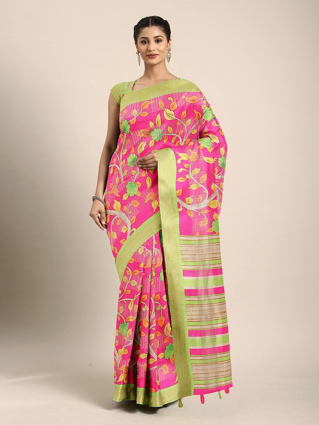 The Chennai Silks Pink & Gold-Toned Floral Zari Bhagalpuri Saree