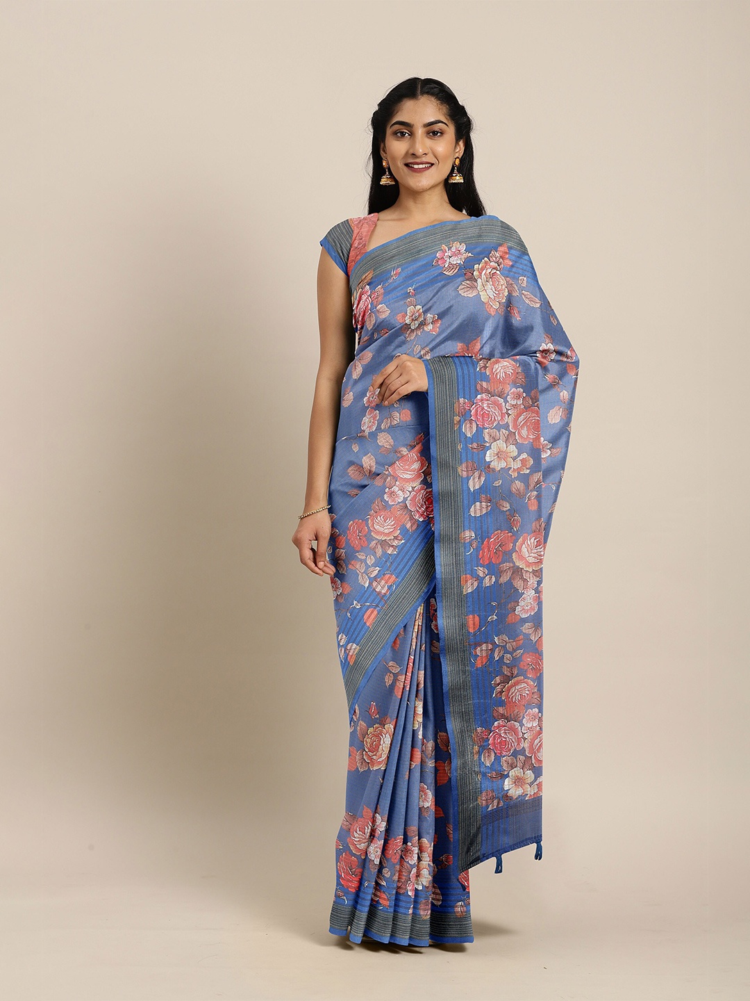 The Chennai Silks Navy Blue & Silver-Toned Floral Zari Bhagalpuri Saree