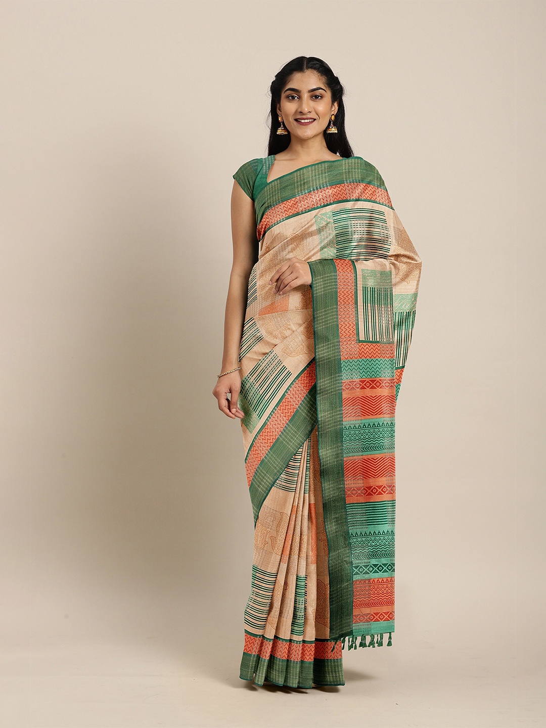 The Chennai Silks Green & Gold-Toned Floral Zari Bhagalpuri Saree