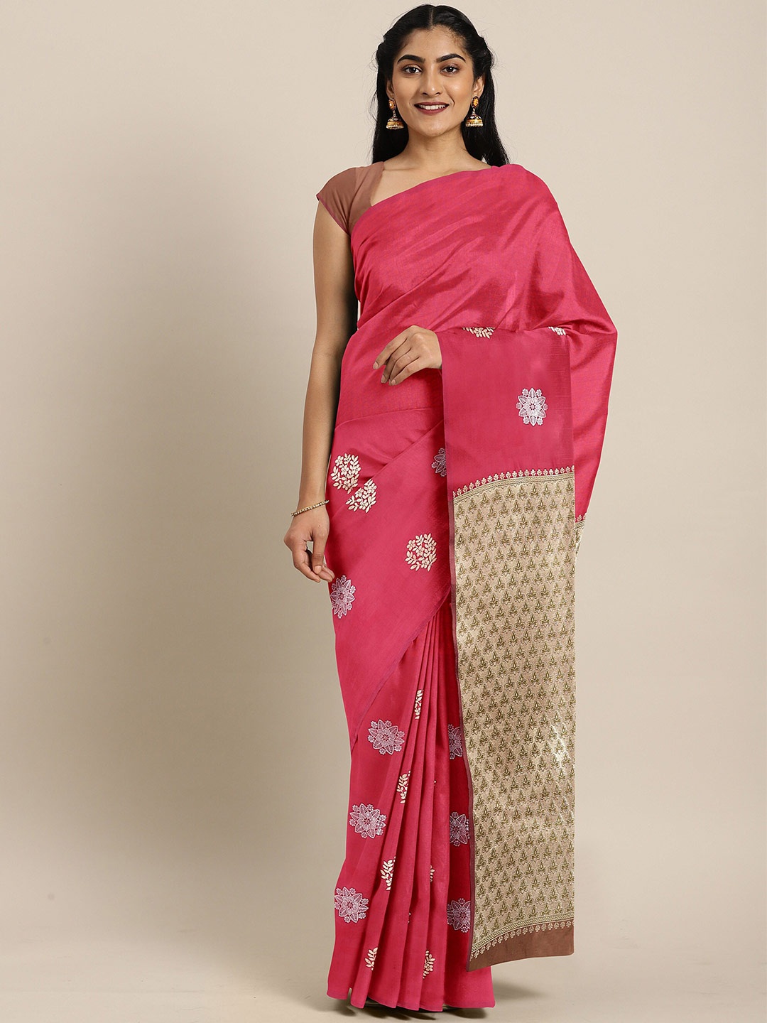 The Chennai Silks Pink & Gold-Toned Ethnic Motifs Zari Art Silk Fusion Saree