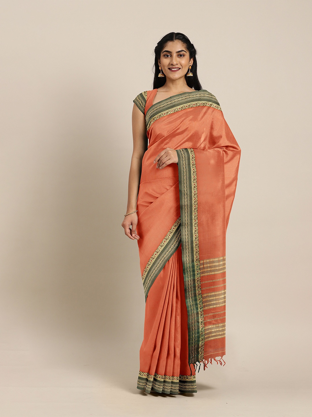The Chennai Silks Orange & Green Solid Woven Design Border Saree