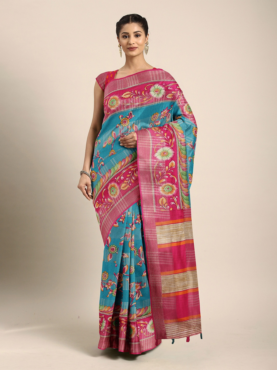 The Chennai Silks Turquoise Blue & Pink Floral Zari Bhagalpuri Saree
