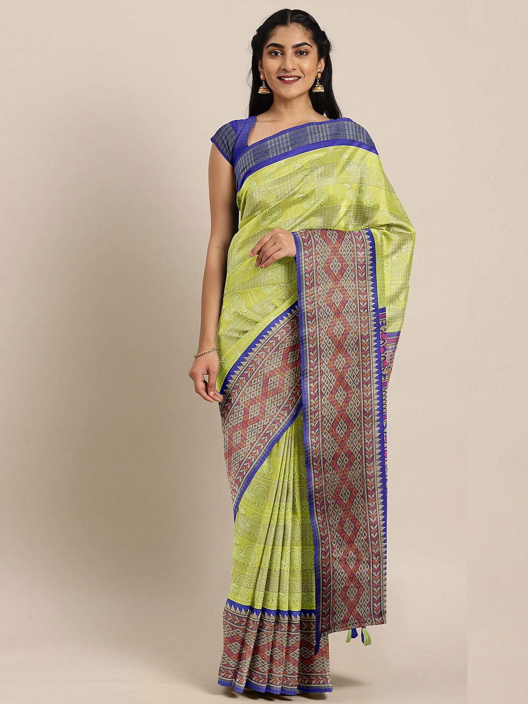 The Chennai Silks Green & Blue Ethnic Motifs Zari Bhagalpuri Saree
