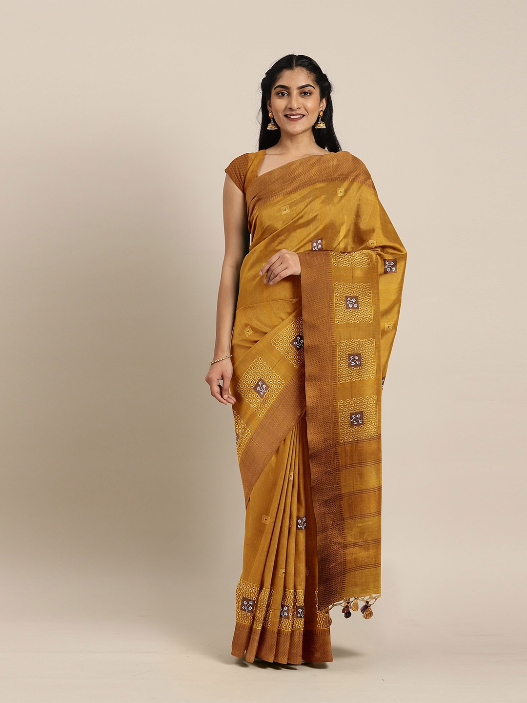 The Chennai Silks Mustard & White Floral Jute Cotton Saree