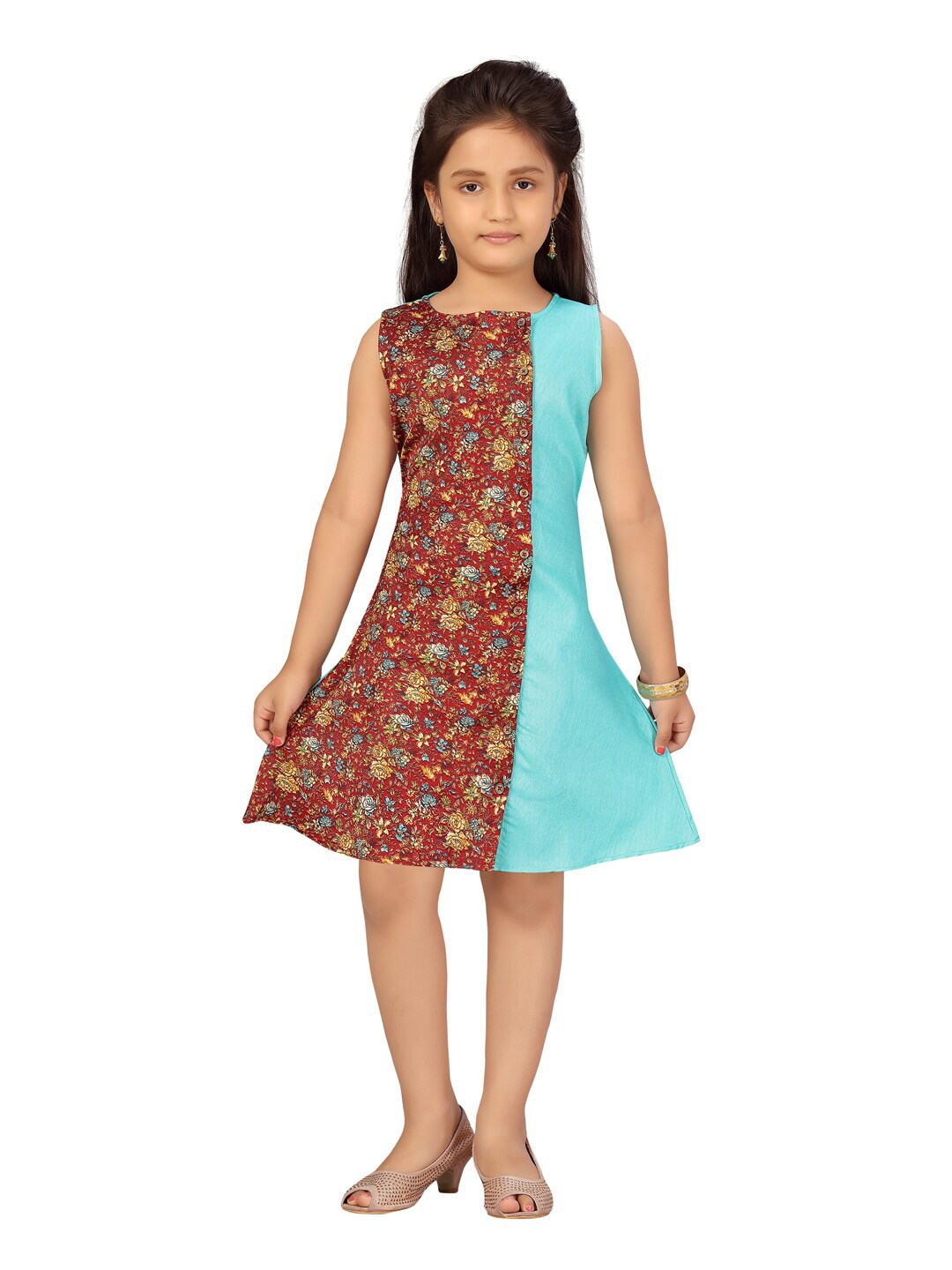 Aarika Girls Sea Green & Brown Floral Printed Cotton A-Line Dress