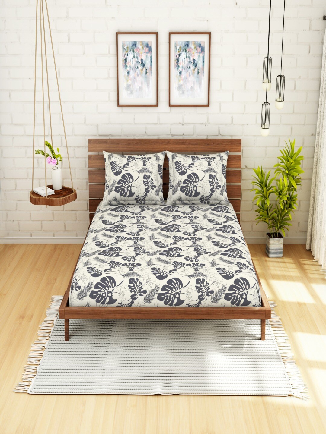 SWHF Cream-Coloured & Grey Floral 104 TC Cotton Queen Bedsheet with 2 Pillow Covers