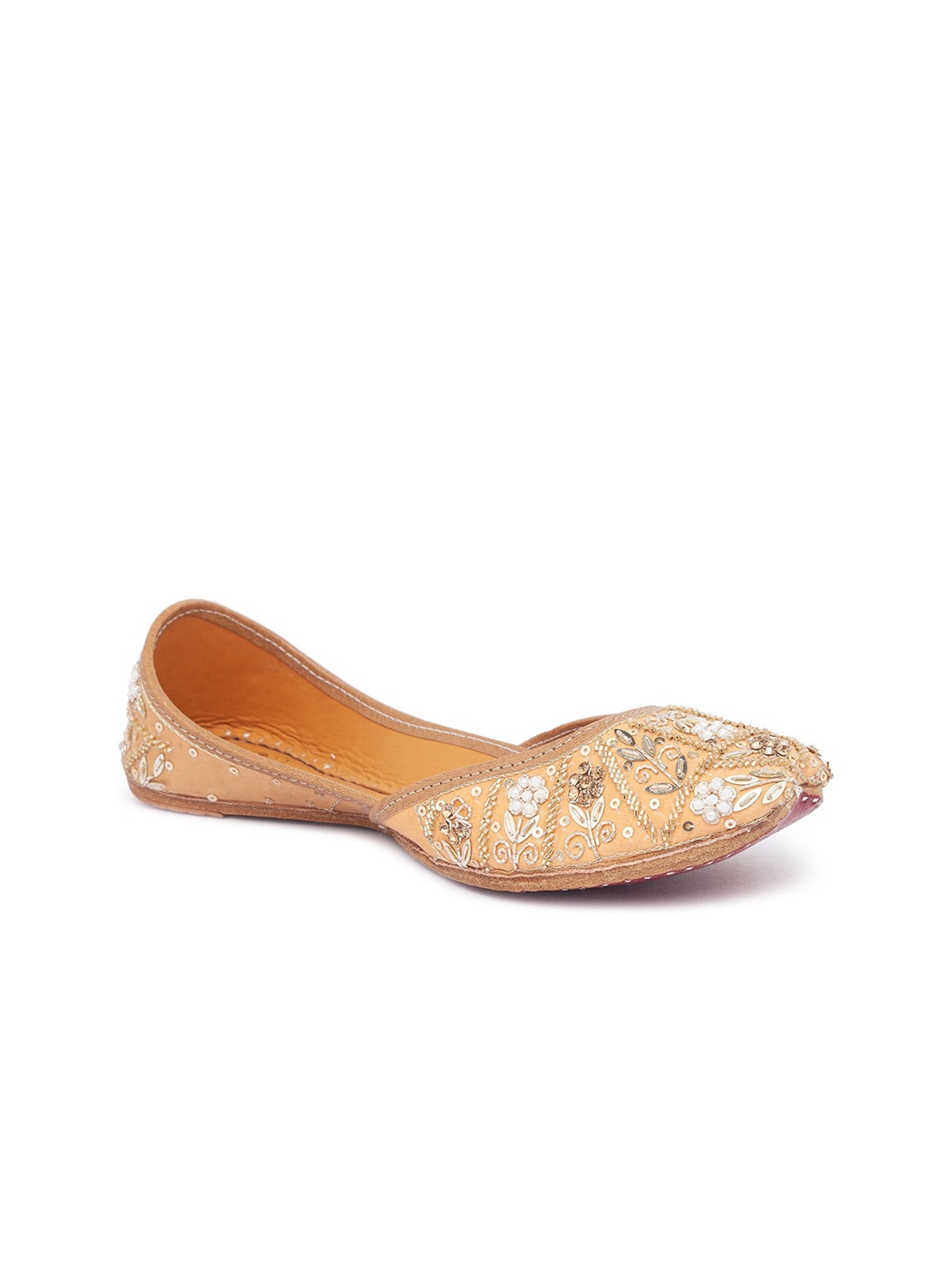 Sole To Soul Women Gold-Toned Embellished Leather Ethnic Mojaris Flats