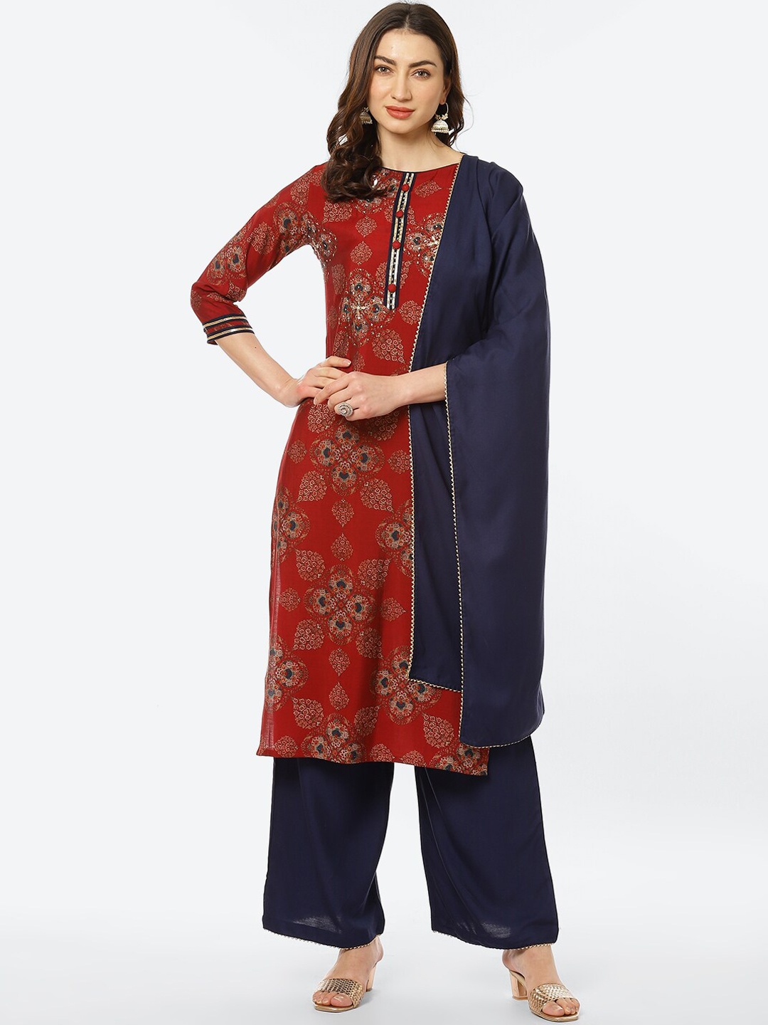 Kurti's by Menka Women Maroon Ethnic Motifs Printed Kurta with Trousers & Dupatta
Kurti's by Menka Women Maroon Ethnic Motifs Printed Kurta with Trousers & Dupatta