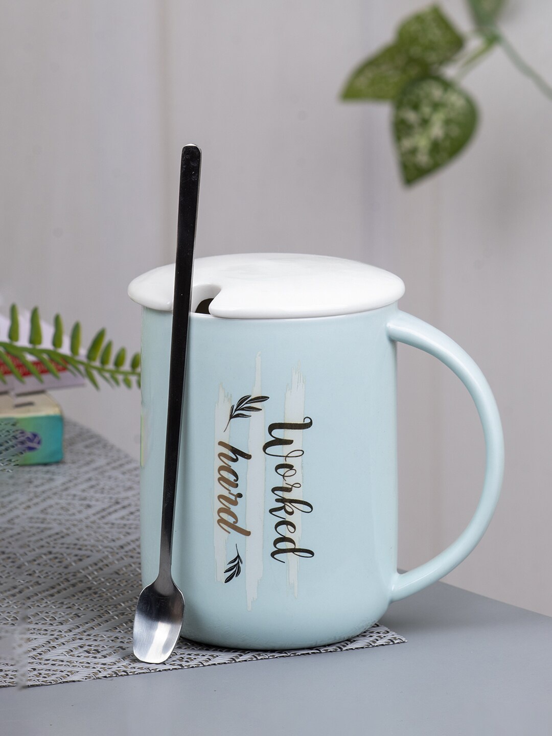 MARKET99 Assorted Printed Ceramic Glossy Mugs With Lid & Spoon, Blue