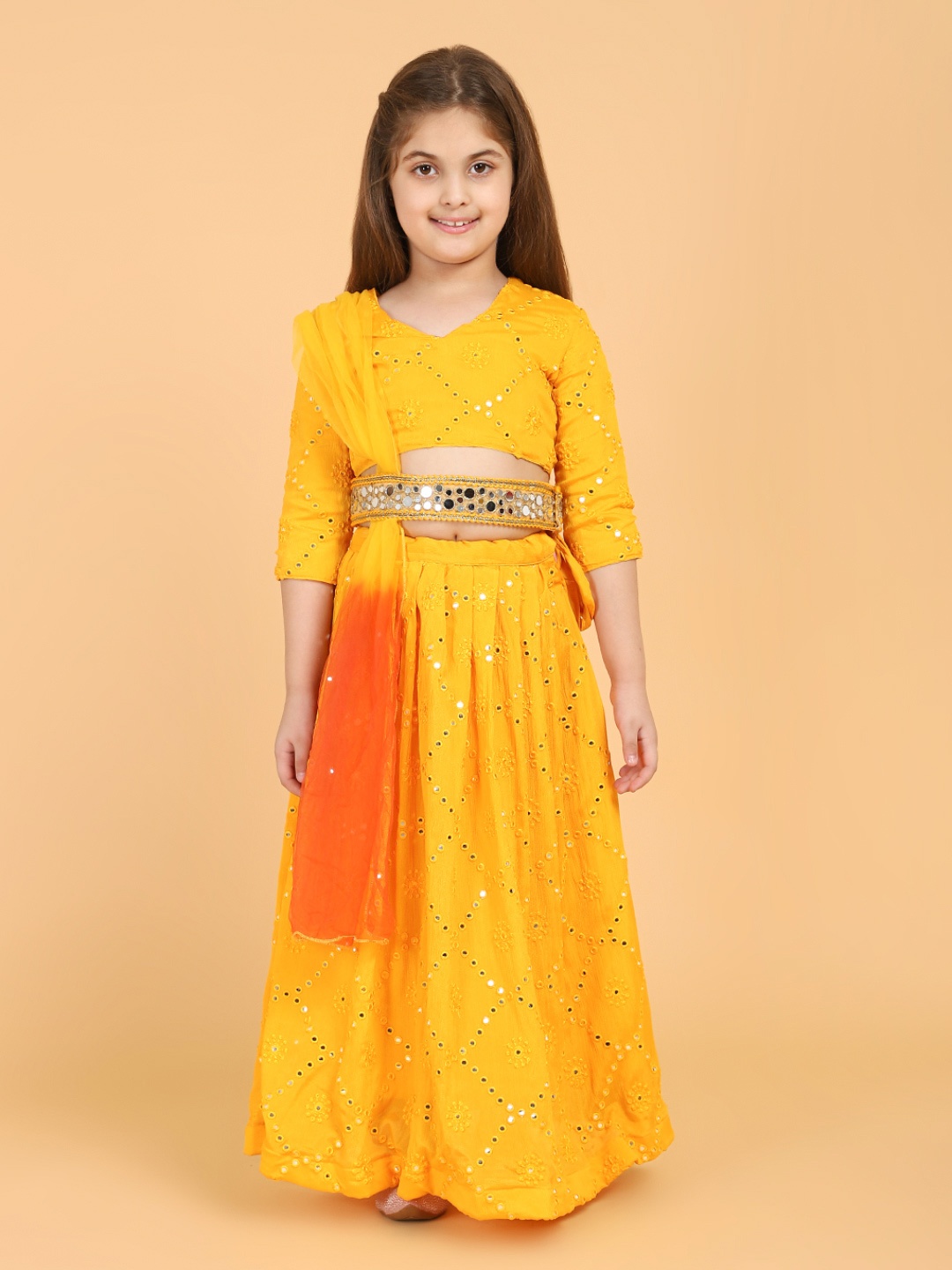 PICCOLO Girls Yellow Embellished Mirror Work Ready to Wear Lehenga & Blouse With Dupatta