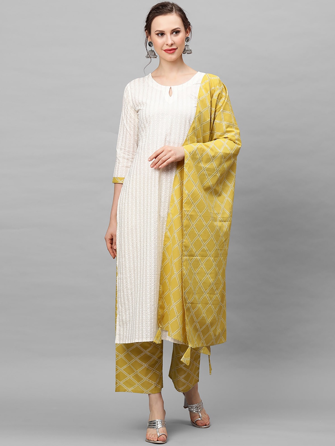 Indo Era Women White Striped Pure Cotton Kurta with Palazzos & With Dupatta