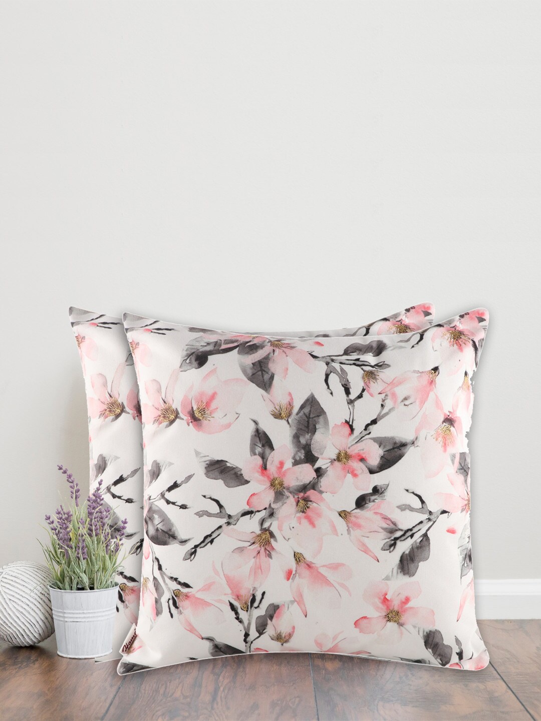 Home Multicoloured Set of 2 18"X18" Floral Printed Square Cotton Cushion Covers, Multi