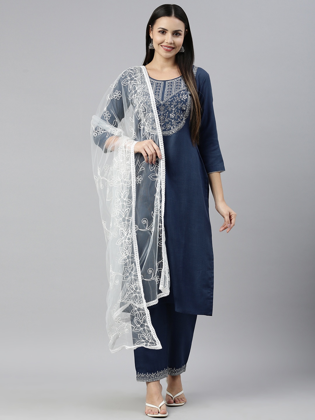 SheWill Women Navy Blue Ethnic Motifs Embroidered Mirror Work Kurta with Trousers & With Dupatta
SheWill Women Navy Blue Ethnic Motifs Embroidered Mirror Work Kurta with Trousers & With Dupatta