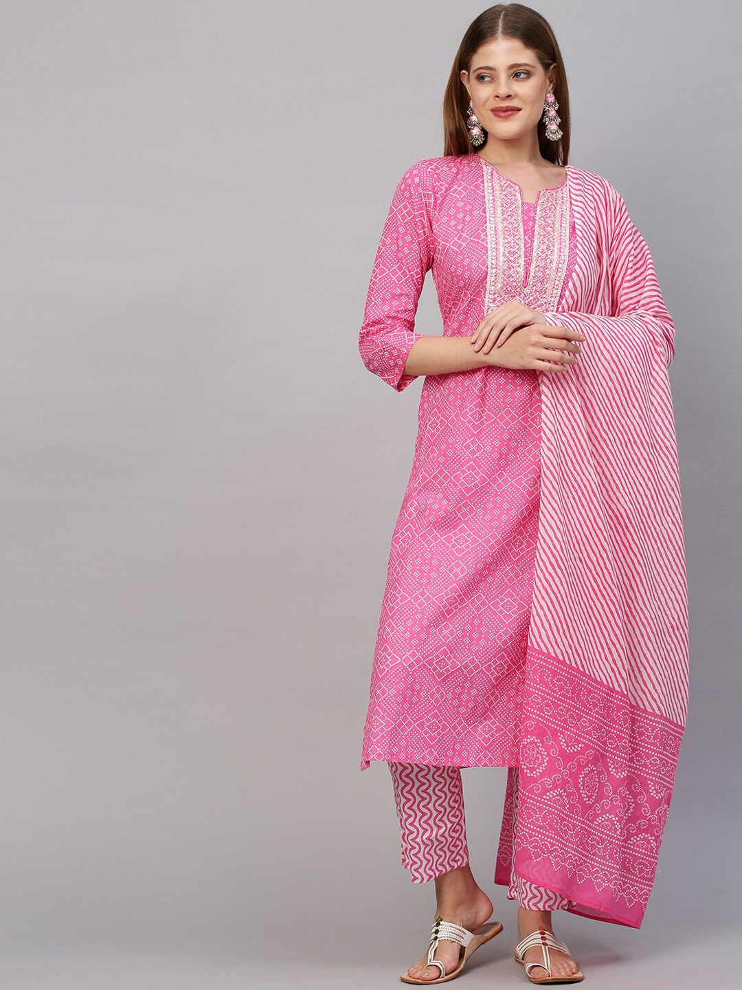 FASHOR Women Pink Ethnic Motifs Printed Pure Cotton Kurta with Trousers & Dupatta