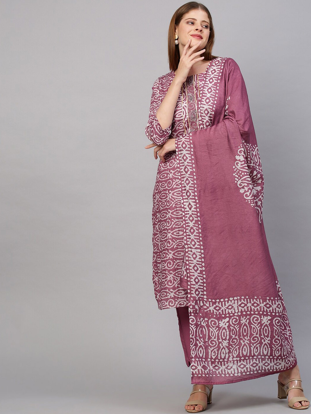 FASHOR Women Mauve Ethnic Motifs Printed Chanderi Silk Kurta Sharara With Dupatta
